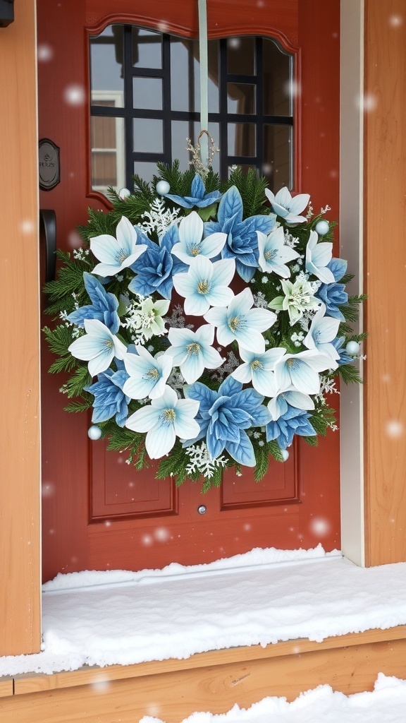 A winter wreath with blue flowers and snowflakes hanging on a door.