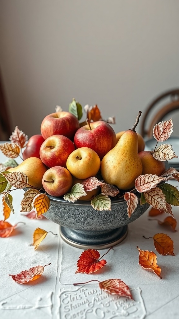 A decorative bowl filled with red apples and a pear, surrounded by autumn leaves on a table.