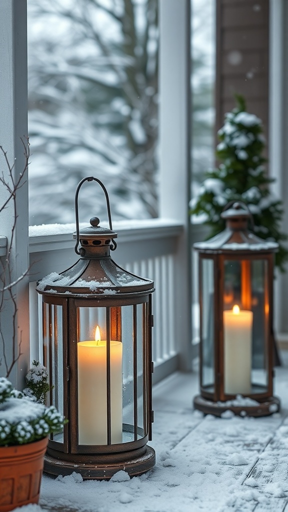 Two frosty lanterns on a snowy porch with candles inside.