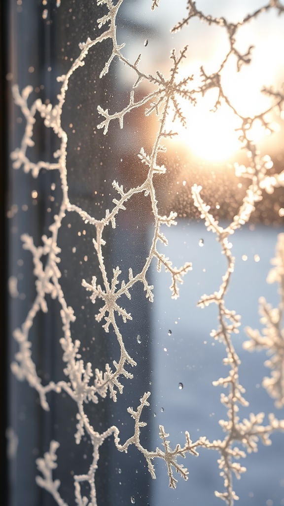 Frosty window with ice patterns and a sunrise in the background.