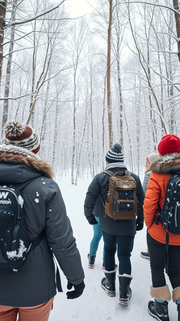 Group of friends walking in a snowy forest, dressed in winter clothing.