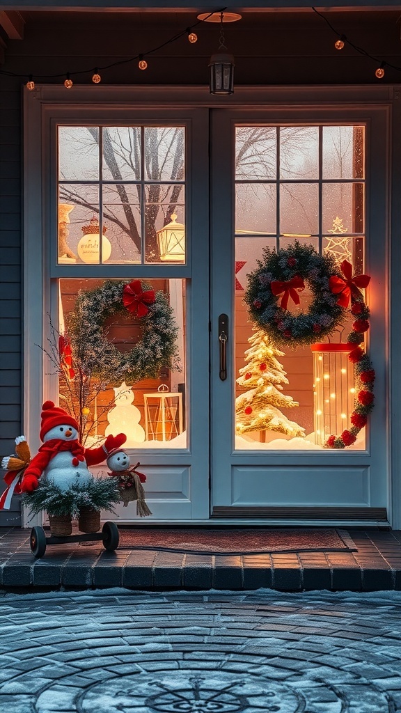 A winter-themed front porch with snowmen, wreaths, and festive decorations.