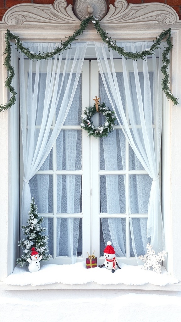 A beautifully decorated window with sheer white curtains, garlands, and snowman decorations.