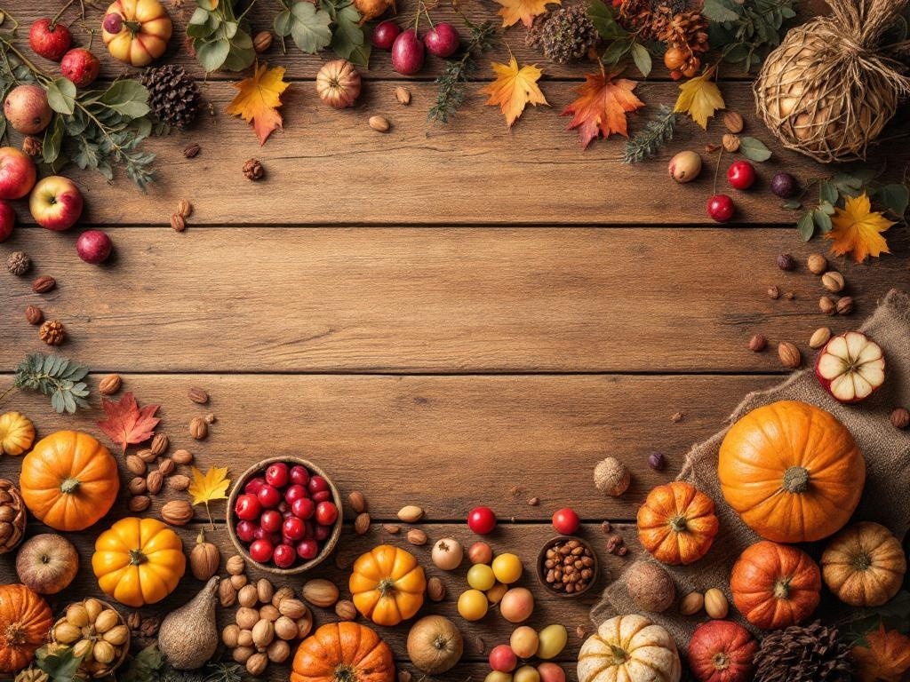 A rustic Thanksgiving table setting with pumpkins, apples, nuts, and autumn leaves arranged on a wooden surface.