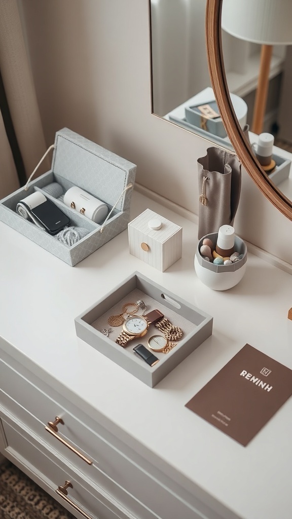 A neatly arranged bedroom dresser with jewelry, accessories, and decorative boxes.