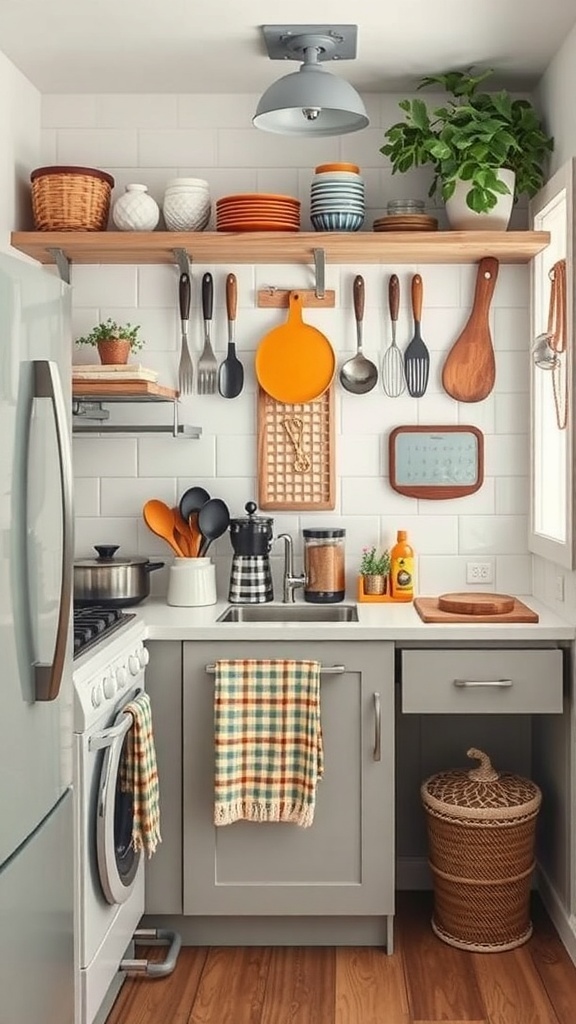 A small farmhouse kitchen featuring functional accessories like utensils, colorful dishes, and plants.