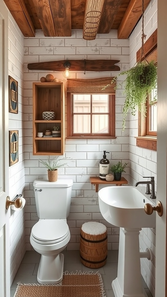A small rustic bathroom featuring wooden walls, a white bathtub, and a round mirror.