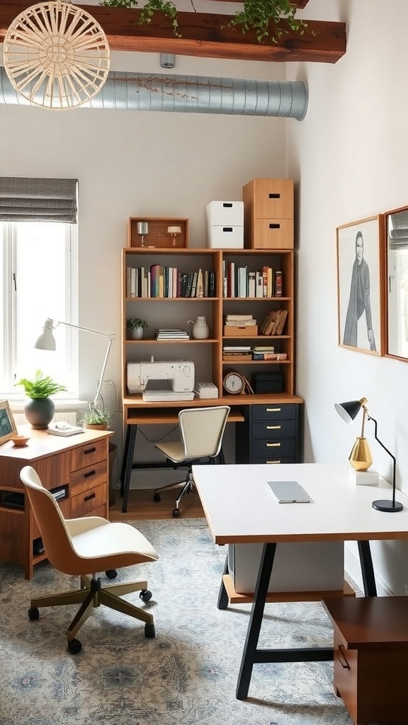 A stylish and functional craft room featuring a desk, storage, and decorative elements.