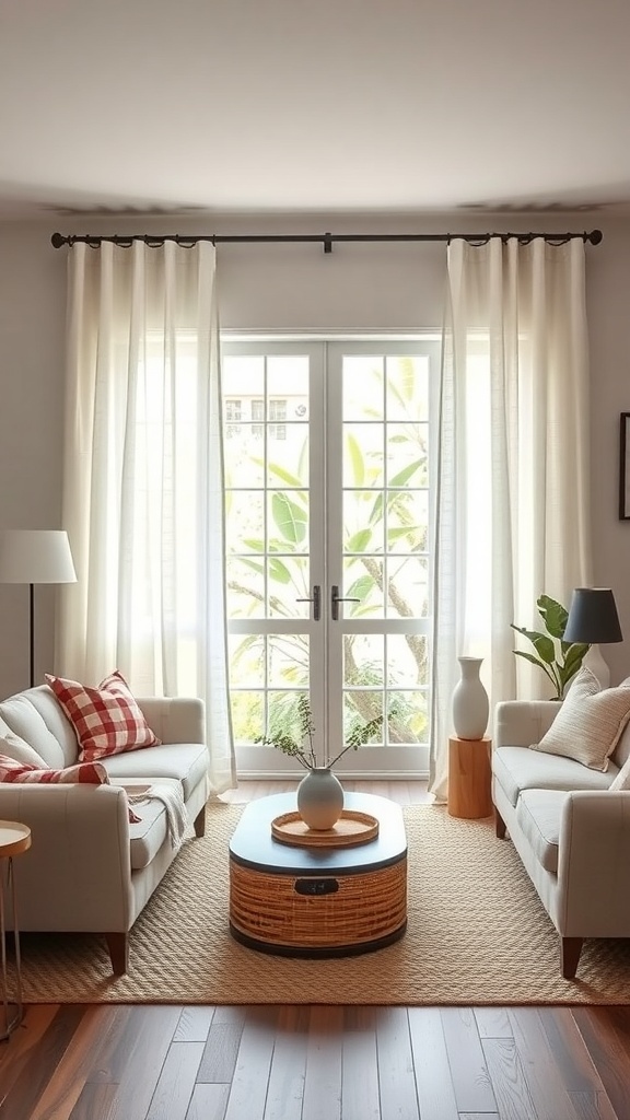 Bright living room with farmhouse curtains, featuring two sofas and a coffee table.
