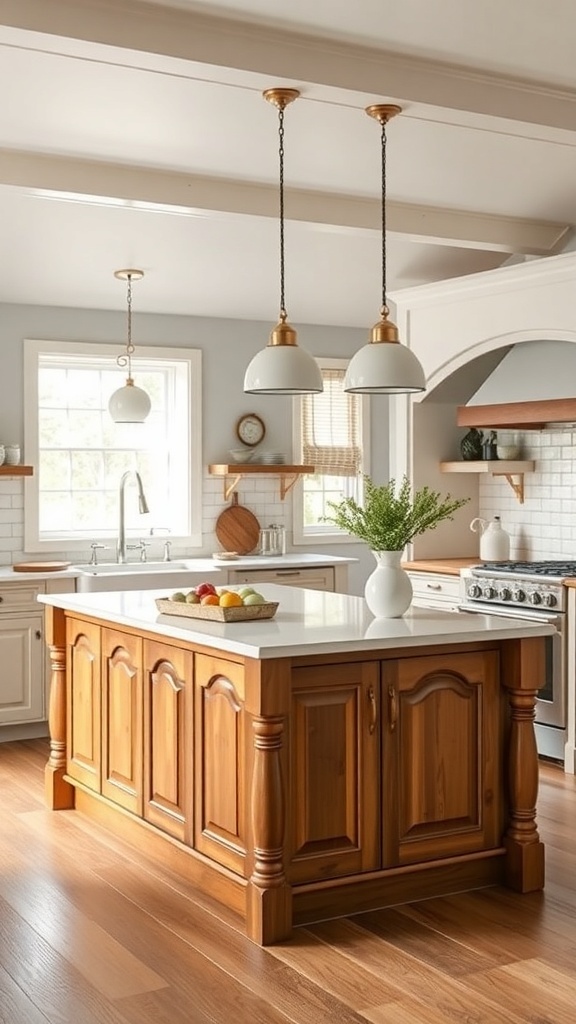 A cozy cottage farmhouse kitchen featuring a wooden kitchen island with a white countertop.