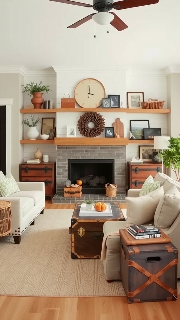 A cozy farmhouse living room featuring stylish storage solutions with wooden cabinets and open shelves.