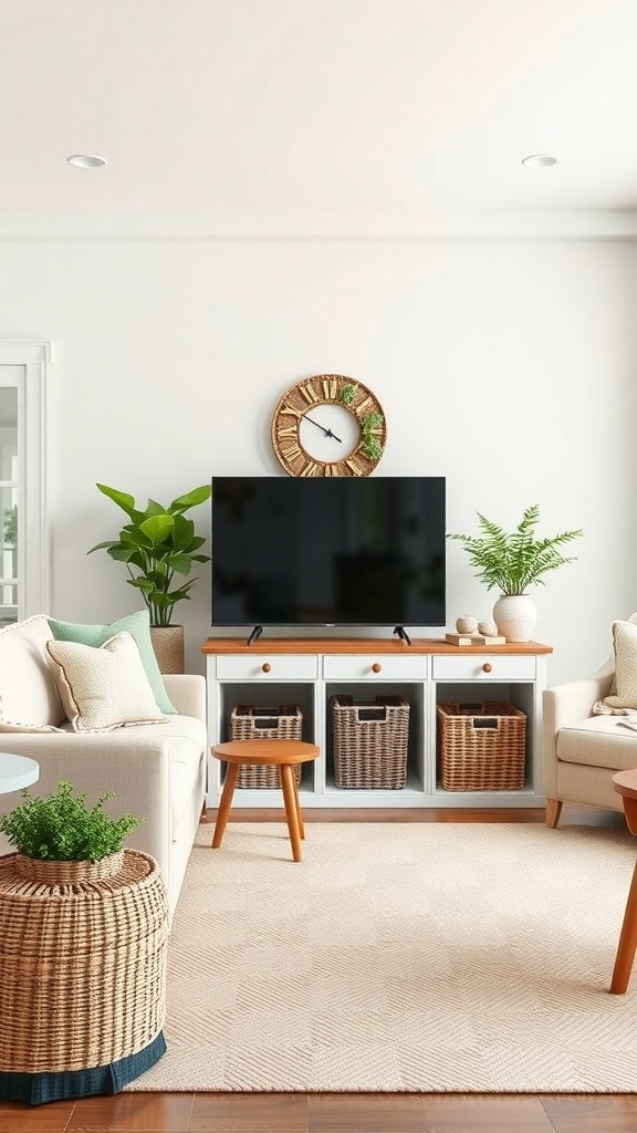 A cozy living room with a TV, woven baskets for storage, and plants.