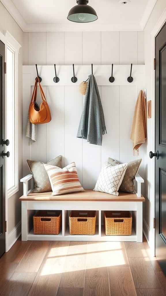 A modern mudroom featuring a functional bench with pillows and storage baskets.