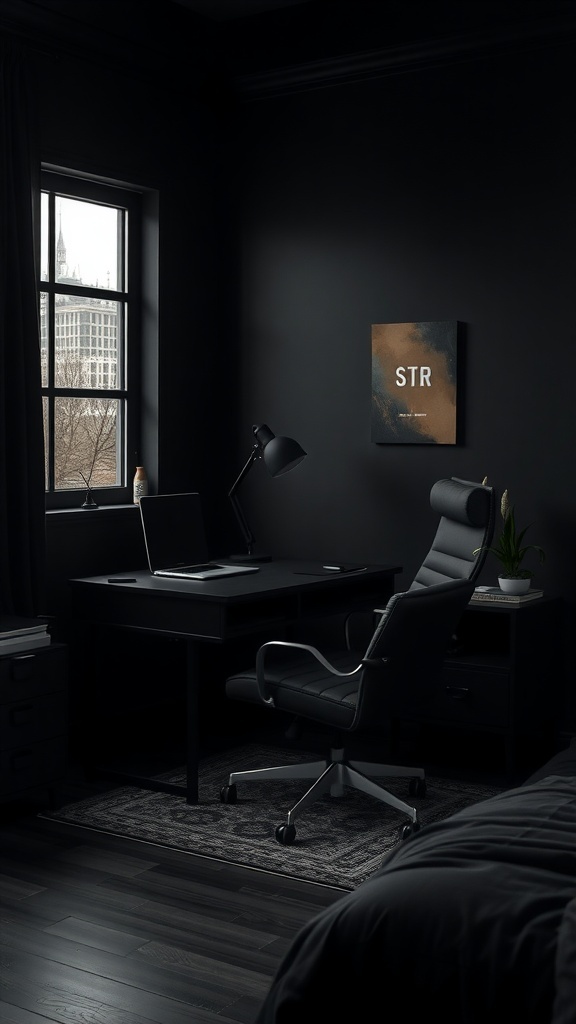 A stylish black workspace corner featuring a desk, chair, and window.