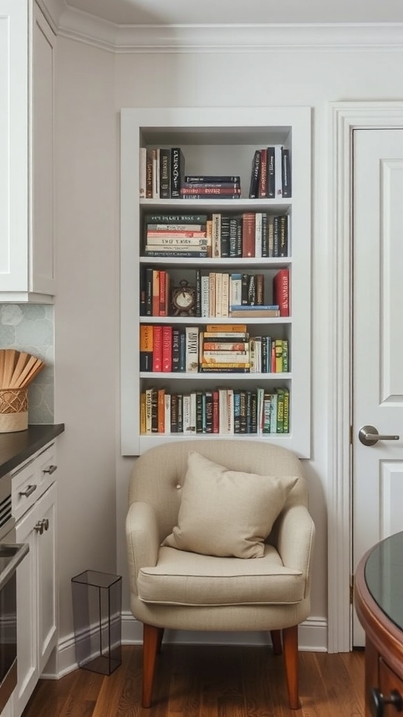 A cozy kitchen nook featuring a small chair and a built-in bookshelf filled with books.