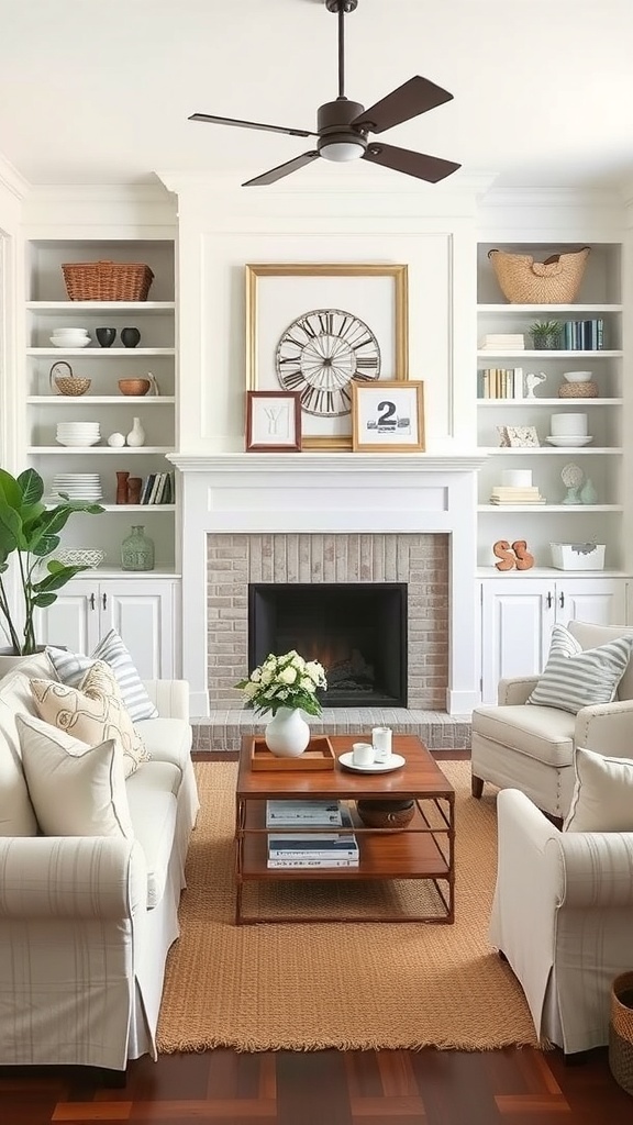 A cozy coastal farmhouse living room with built-in shelving, a fireplace, and comfortable seating.