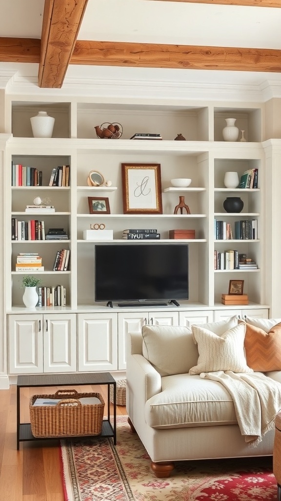 A cozy farmhouse living room with built-in shelving, a comfortable sofa, and decorative items.