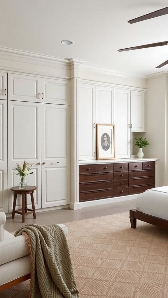 Modern farmhouse bedroom with built-in storage and a cozy atmosphere.