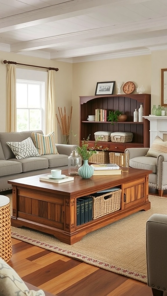 A cozy cottage living room featuring a functional coffee table with storage.