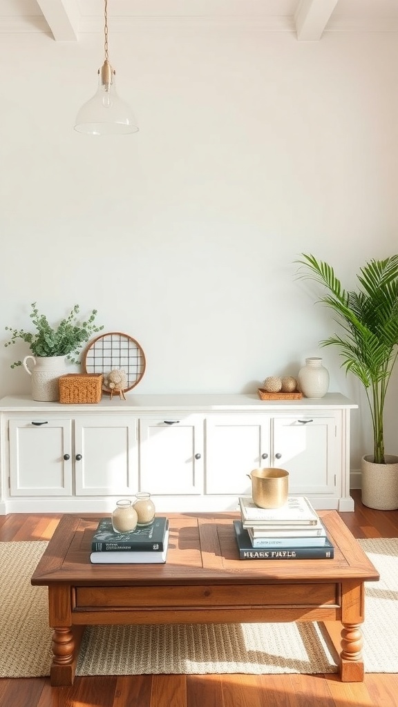 A cozy farmhouse style living room featuring a wooden coffee table with books and decorative items.