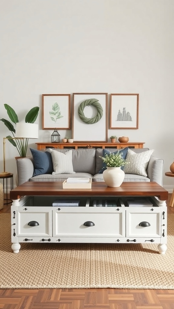 A stylish farmhouse coffee table with storage drawers, surrounded by a cozy living room setting.