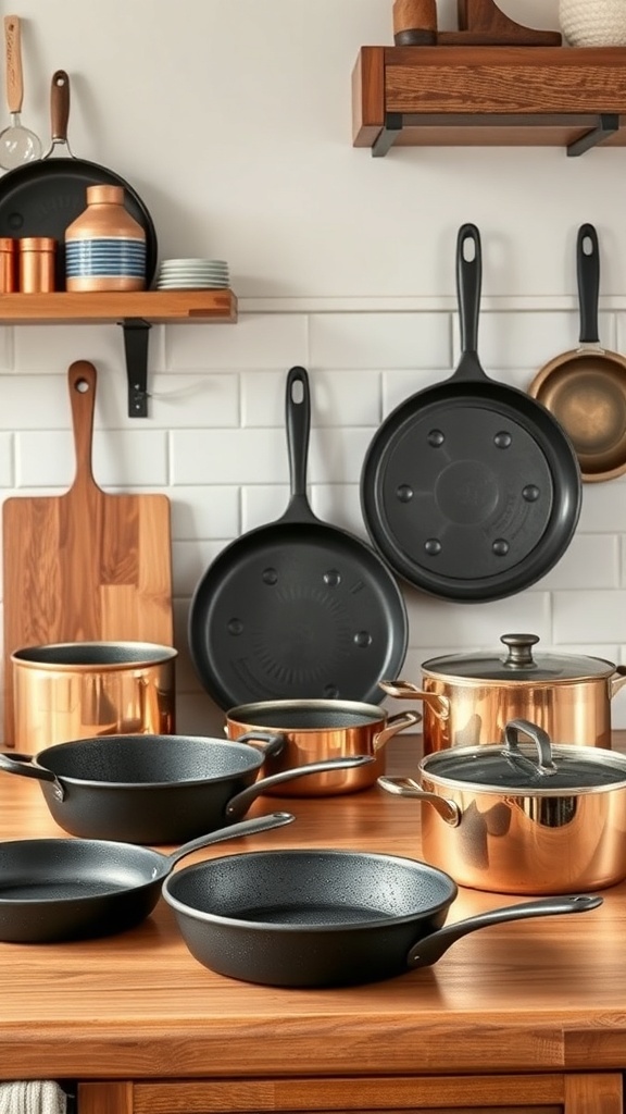 A farmhouse kitchen counter displaying various pots and pans, showcasing functional cookware decor.