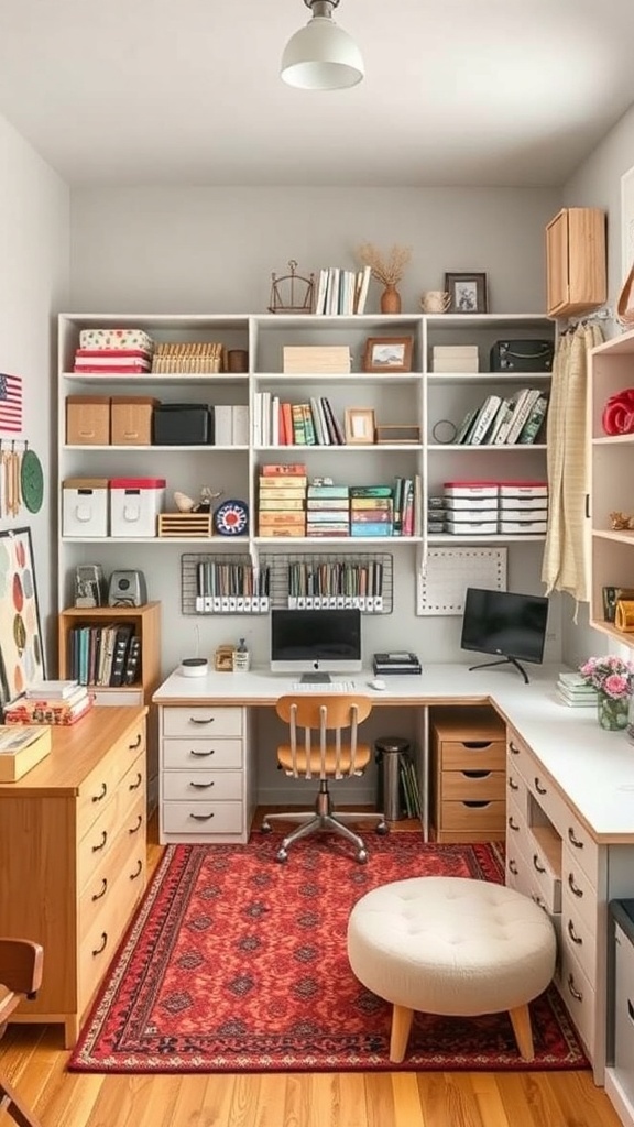 A functional craft room with organized shelves, a desk, and a cozy chair.