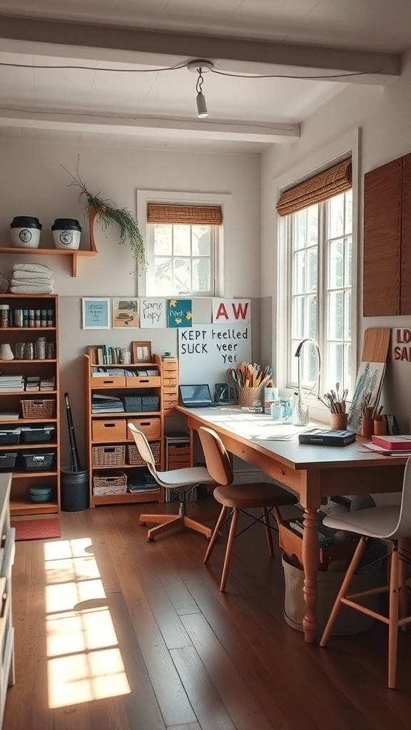 A bright craft room with a spacious table, organized shelves, and natural light.