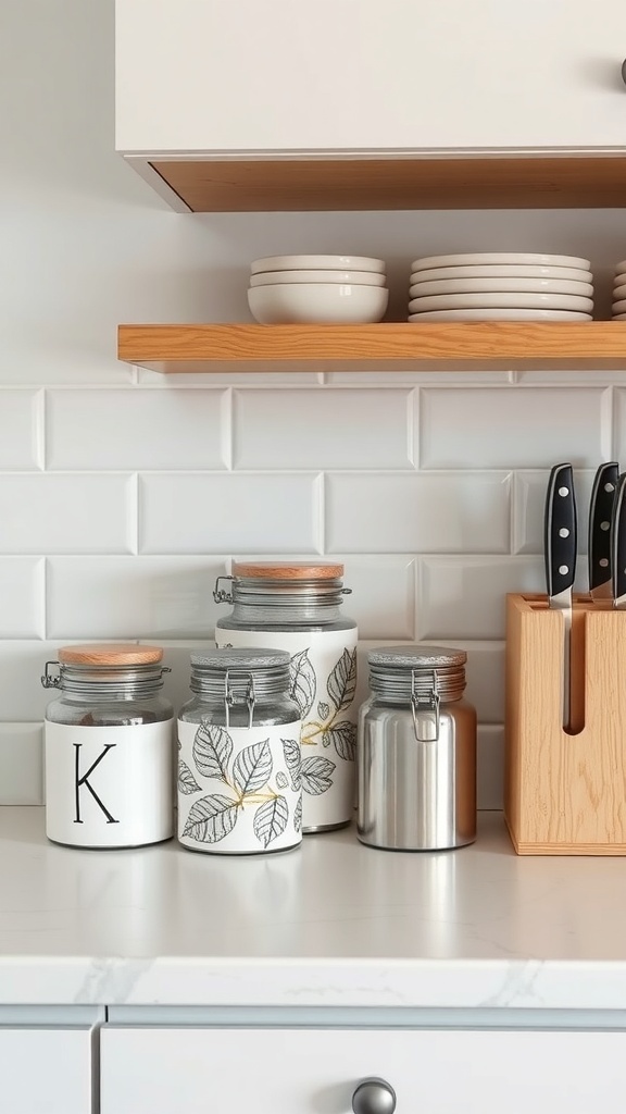 Stylish kitchen countertop with decorative jars, dishware, and knife block.