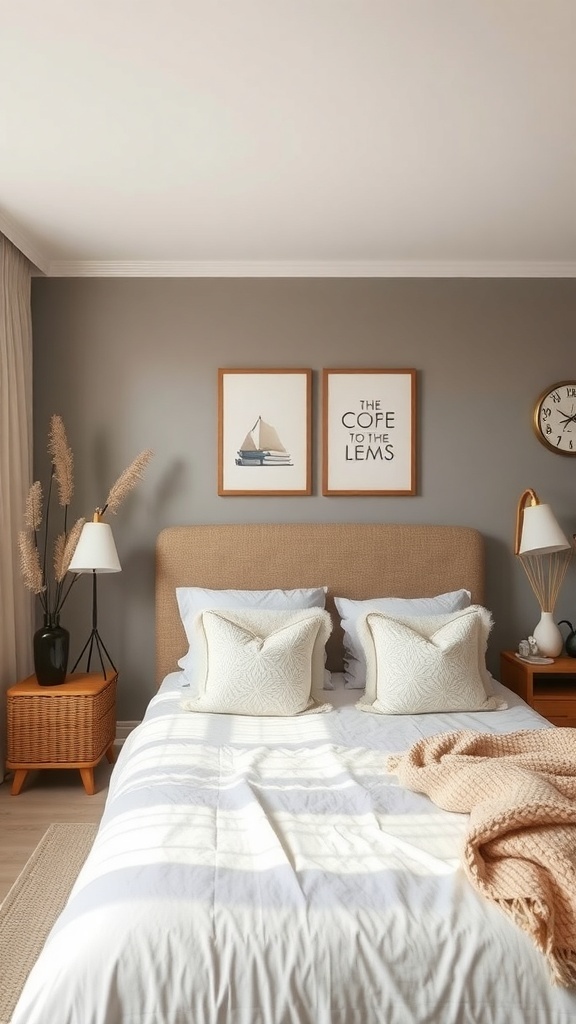 Cozy fall bedroom with soft colors, plush bedding, and minimalistic decor.
