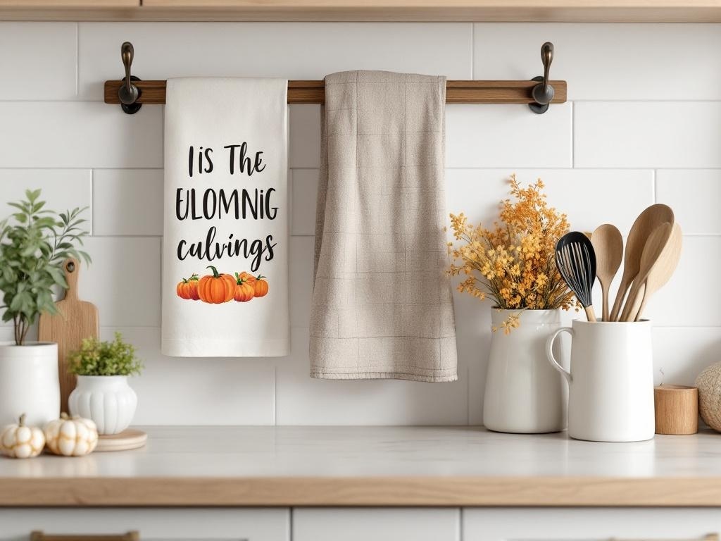 A cozy kitchen with fall decor including a pumpkin-themed towel, dried flowers, and wooden utensils.