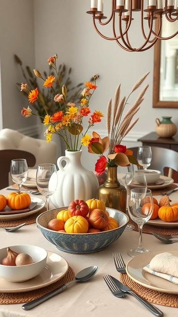 A modern Thanksgiving table featuring a mix of flowers and decorative gourds as centerpieces.