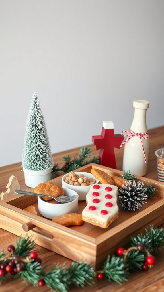 A wooden tray with Christmas treats, a small tree, and festive decor items.