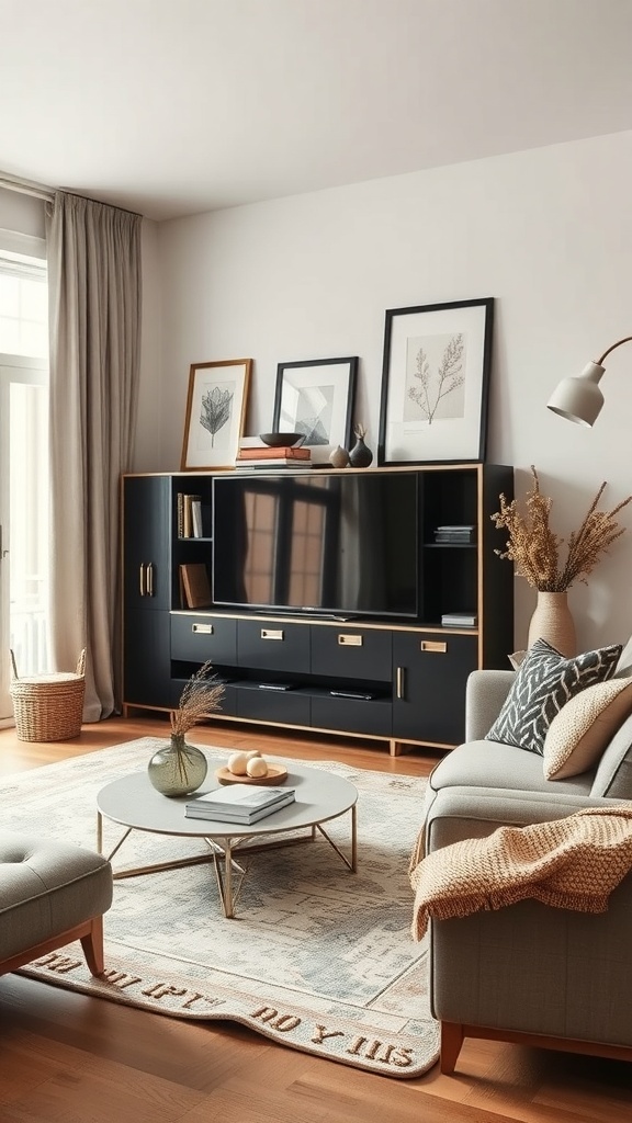 A cozy winter living room with a stylish coffee table, warm lighting, and decorative elements.