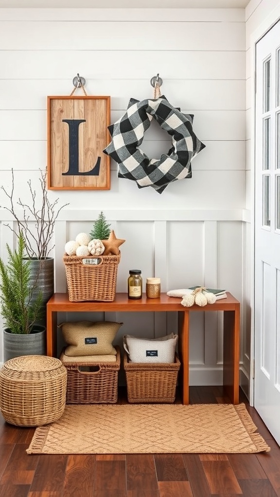 A cozy entryway featuring a wooden table with woven baskets, a decorative wreath, and plants.