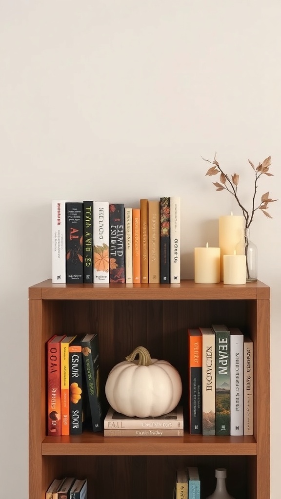 A bookshelf decorated with fall-themed books, a white pumpkin, candles, and dried leaves.