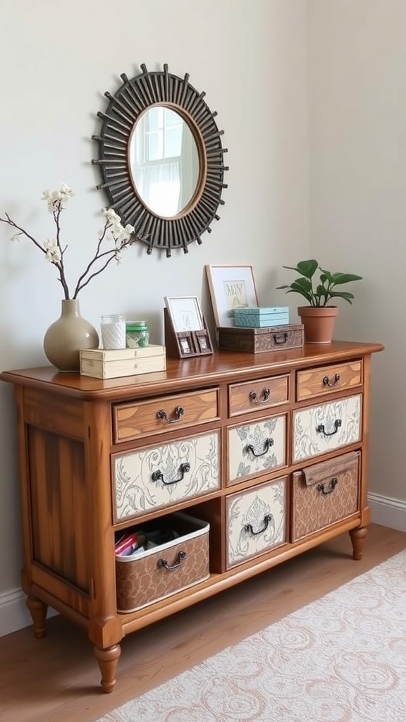 A wooden dresser with decorative storage boxes, a mirror, and plants.