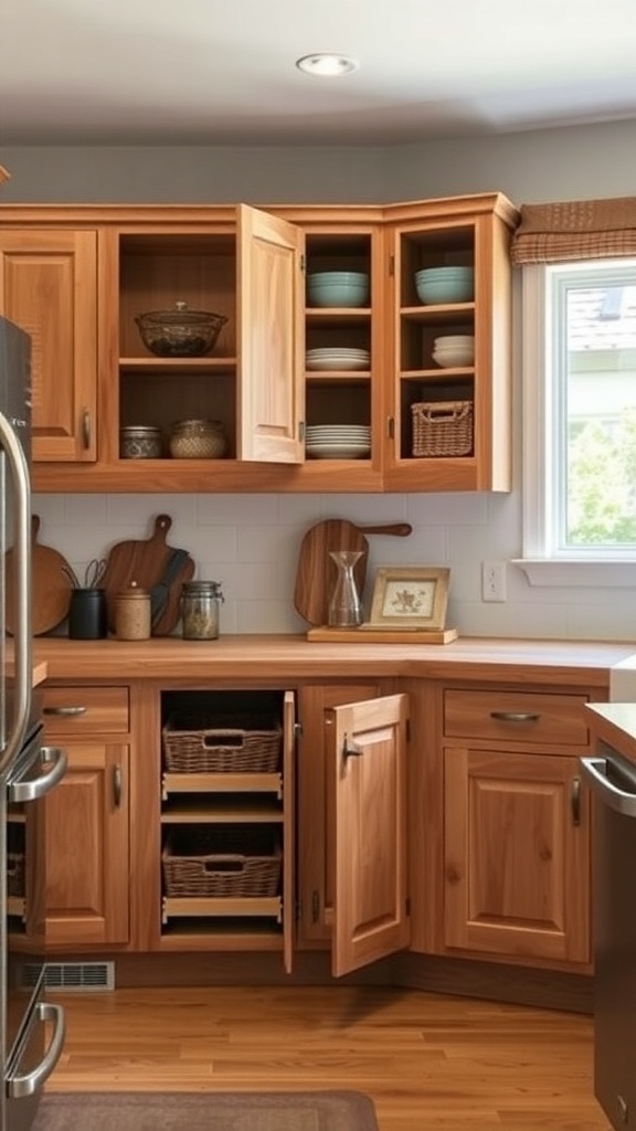 A rustic kitchen with wooden cabinets, open shelving, and organized storage solutions.