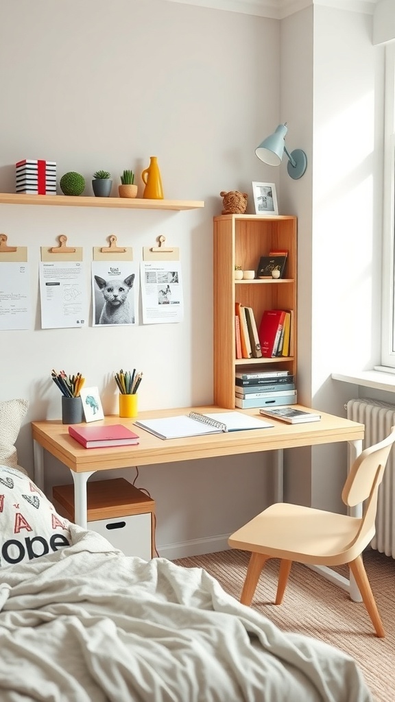 A functional desk in a neutral teen girl bedroom with organized stationery, a shelf with plants, and a cozy chair.