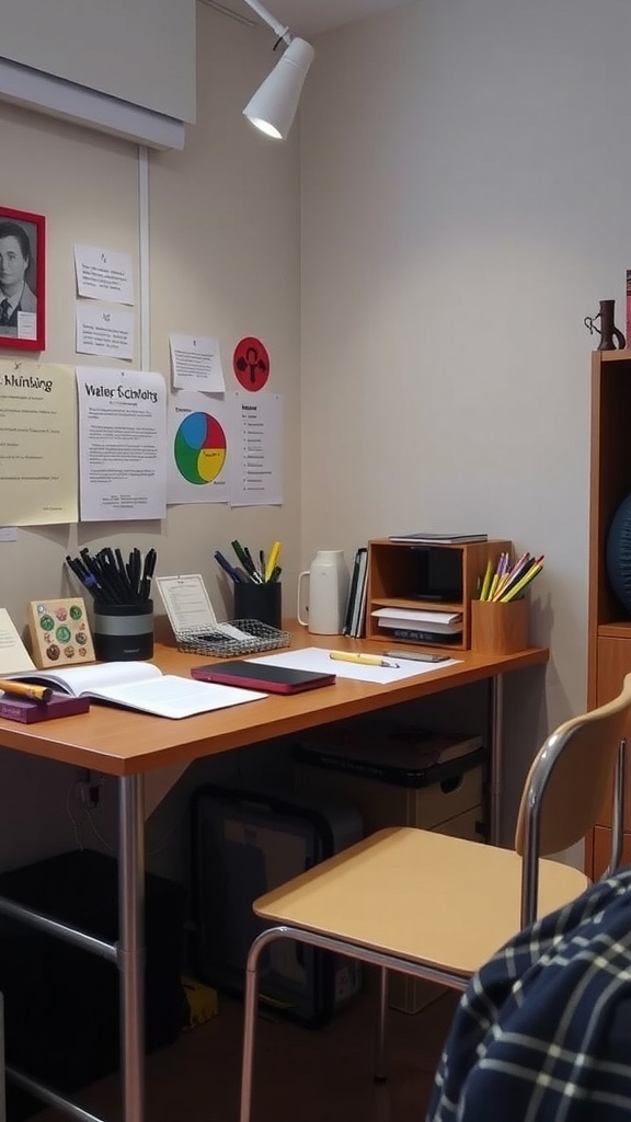 A cozy and functional desk space in a dorm room with organized supplies and wall decorations.