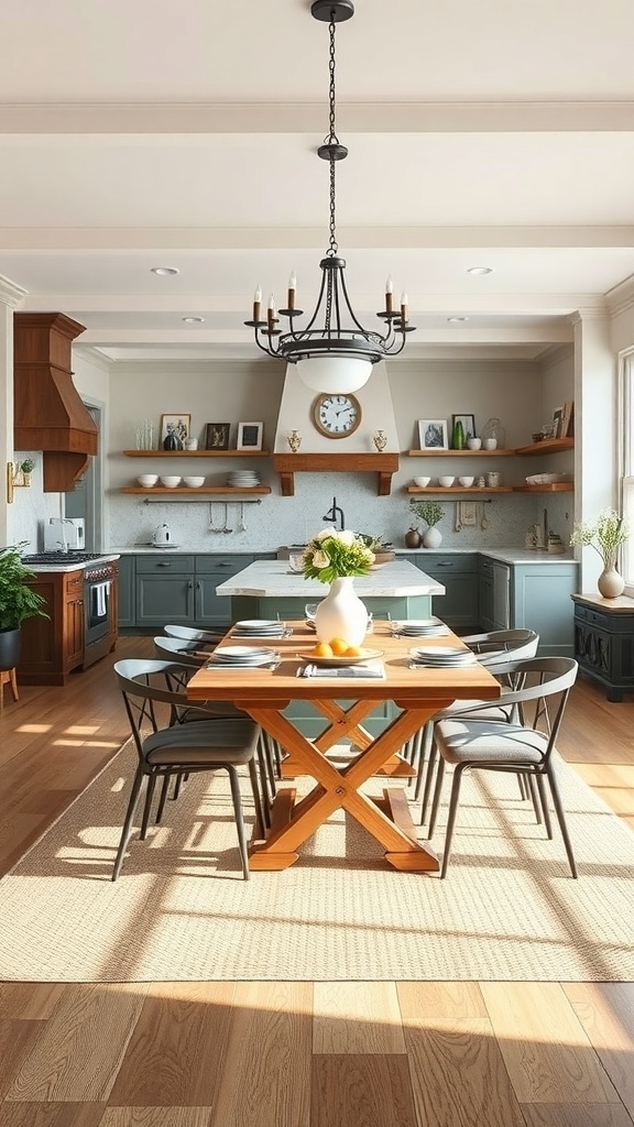 Modern farmhouse dining area with a wooden table and stylish decor.