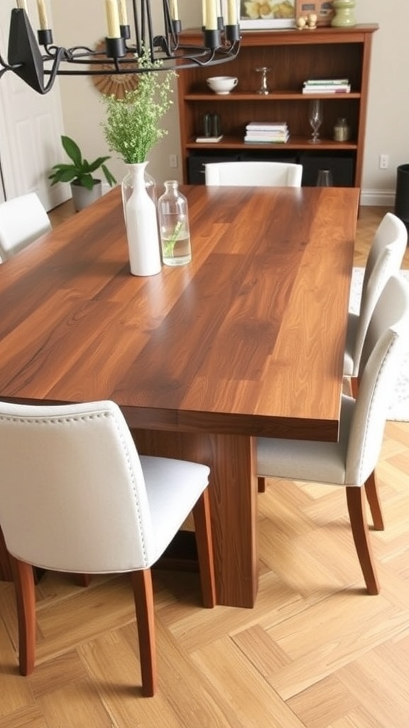 A modern farmhouse dining table with extensions, surrounded by chairs.