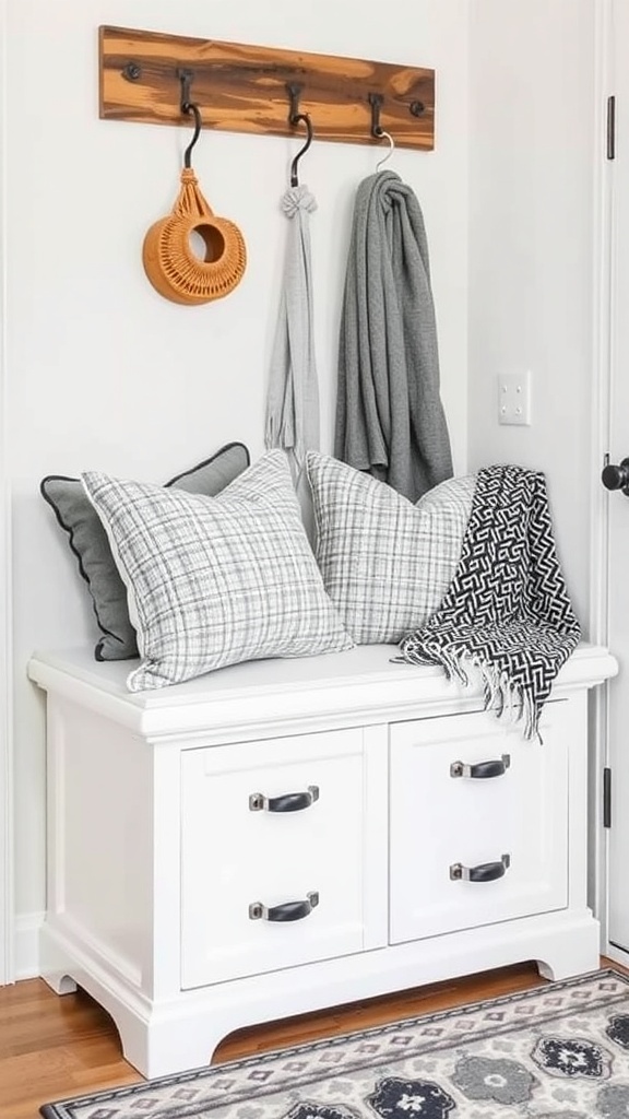 A stylish entryway bench with cushions and a decorative throw, featuring storage underneath.