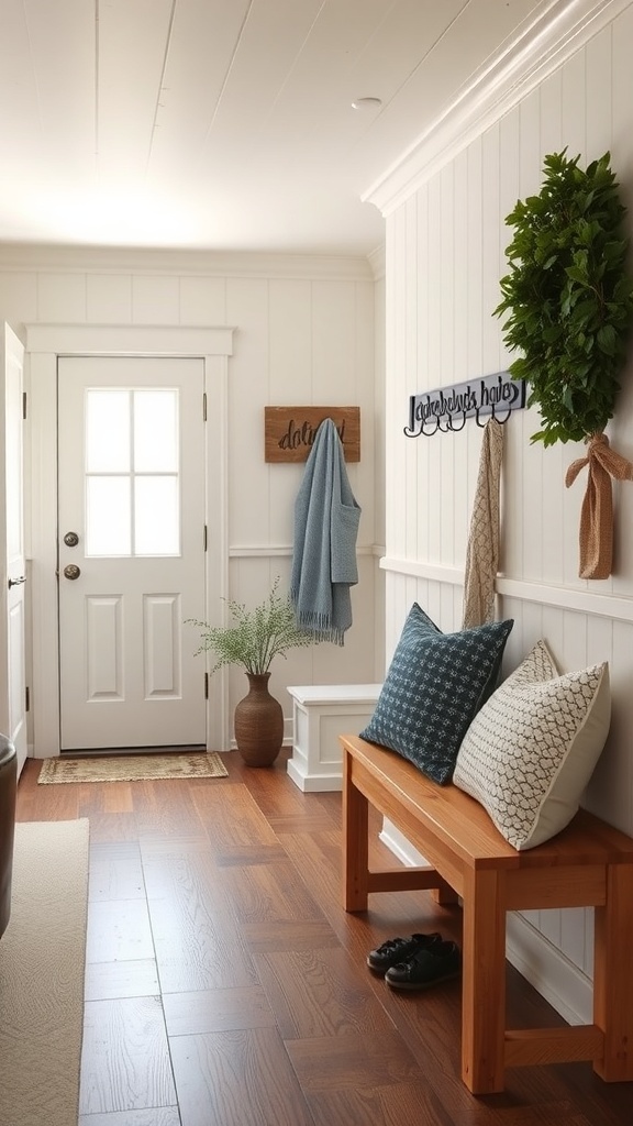 A cozy farmhouse style entryway with a bench, pillows, and coat hooks.