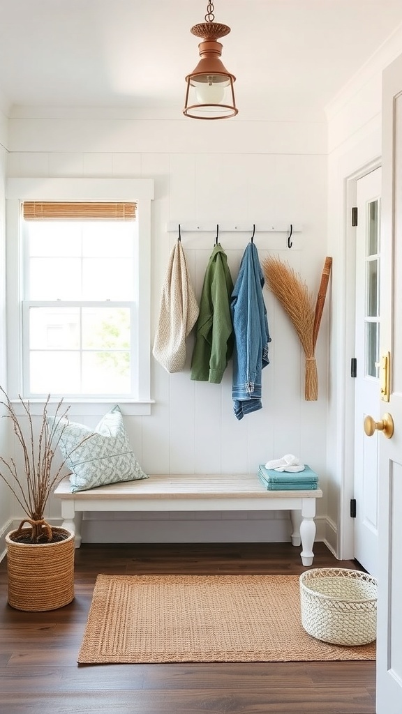 A functional entryway featuring a bench, hooks for coats, and natural decor elements.