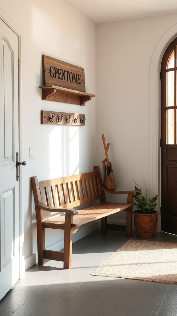 A cozy entryway featuring a wooden bench, wall hooks, and a potted plant.