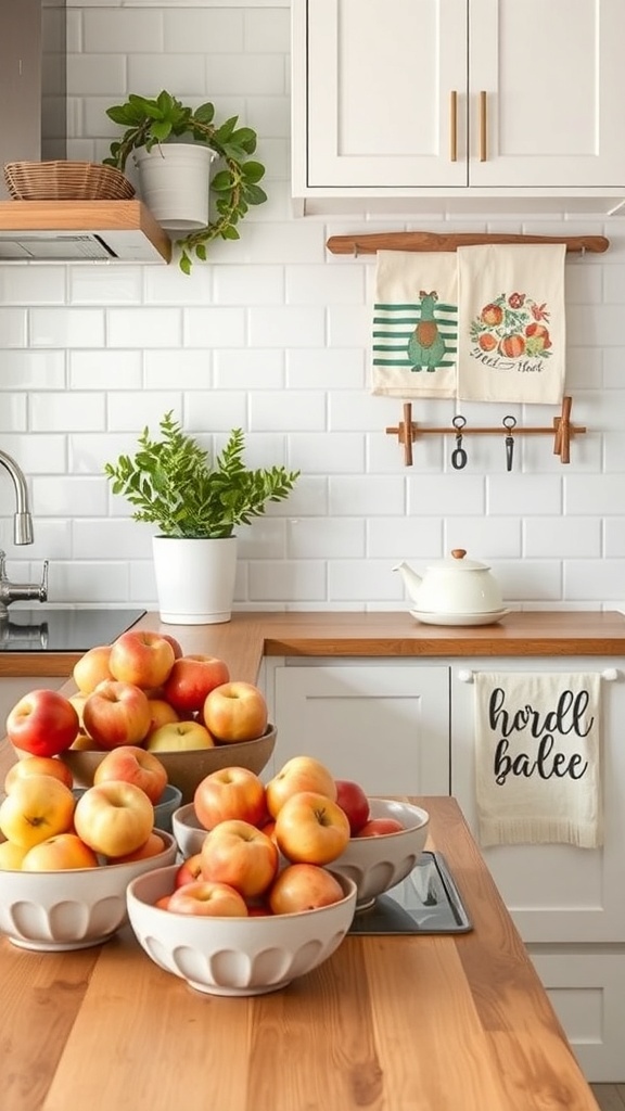A cozy kitchen with bowls of apples, green plants, and seasonal dish towels.