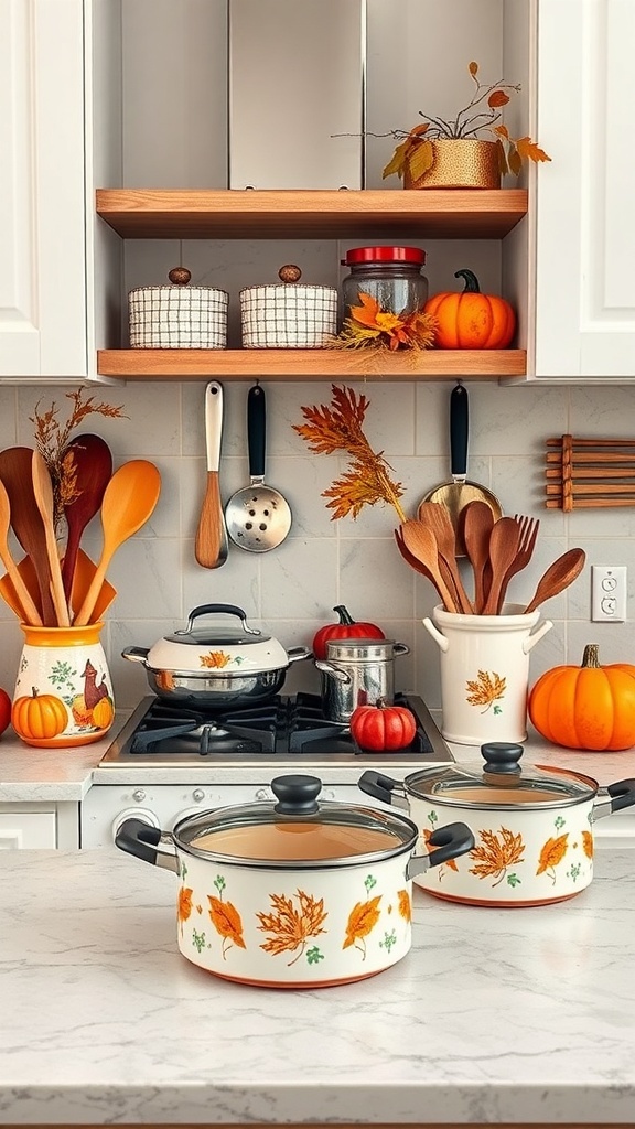 A cozy kitchen decorated for fall with pumpkins, wooden utensils, and autumn-themed cookware.