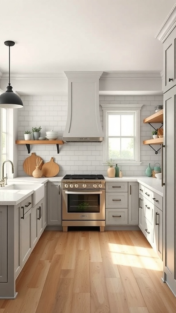 A modern farmhouse kitchen featuring gray cabinets, a large sink, and open shelving.