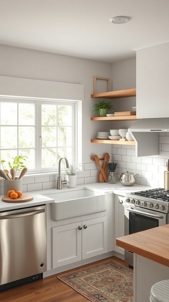 A modern farmhouse kitchen featuring a farmhouse sink, stainless steel appliances, and wooden shelves.